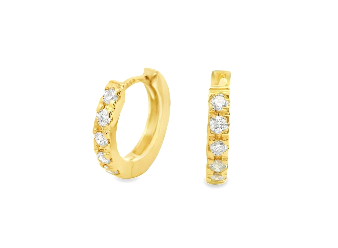 Deze prachtige geelgouden oorringen van 14 karaat zijn verfraaid met schitterende diamanten. De oorringen stralen luxe en elegantie uit en zijn perfect om elke outfit compleet te maken. Draag ze overdag voor een subtiele glans of combineer ze 's avonds met een chique jurk voor een glamoureuze look. Deze oorringen zijn een tijdloze toevoeging aan uw sieradencollectie.