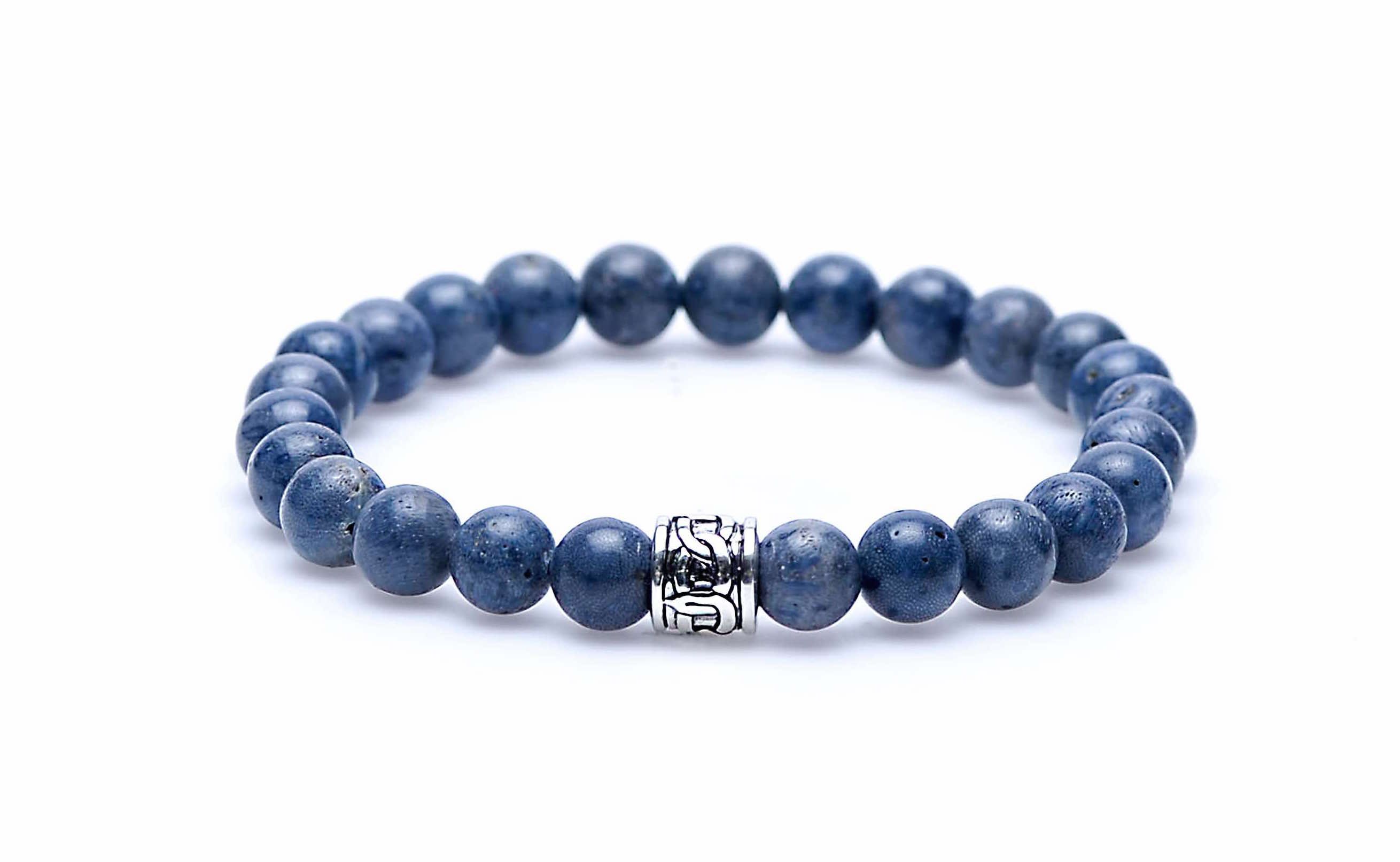 Blue Coral silver round cilinder logo bead