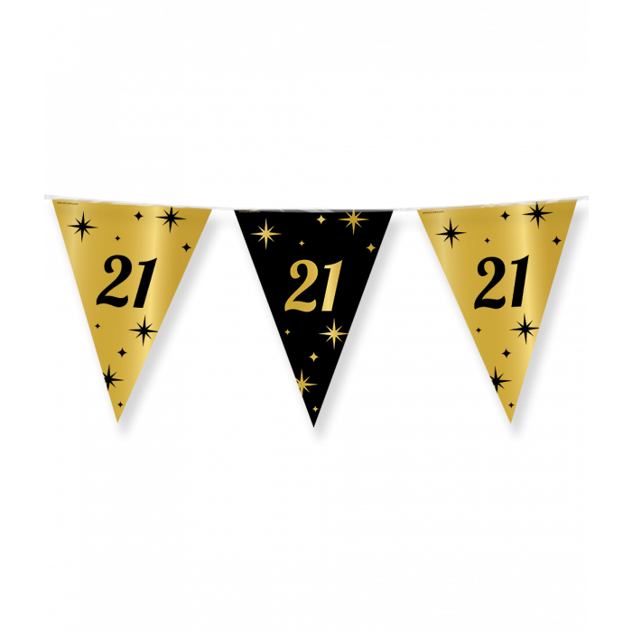 Deze Feest : Classy Party flags folie - 21 jaar 10 meter is perfect voor een stijlvol feestje! De vlaggen zijn glimmend en vangen het licht op een feestelijke manier. Je kunt ze eenvoudig ophangen aan een muur, aan het plafond of buiten in de tuin. Creëer een feestelijke sfeer en vier je 21e verjaardag in stijl!