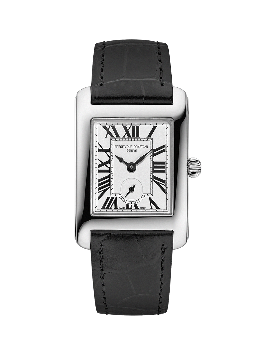 De Frederique Constant Classic Carree FC-235S2C6 horloge heeft een elegante vierkante kast, zilveren wijzerplaat en zwarte leren band. De kenmerkende kenmerken zijn de Romeinse cijfers. Draag dit horloge casual met een wit T-shirt of chique met een overhemd. De klassieke uitstraling past bij elke gelegenheid en maakt je outfit compleet. 