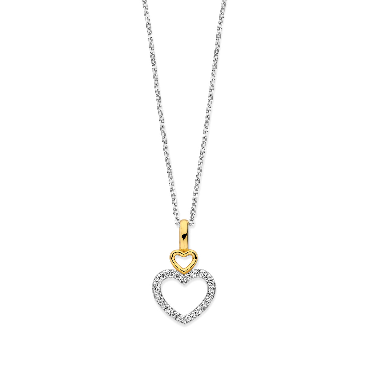 Zilveren ketting met bicolor hanger in hartvorm en zirconium
40-42-45 cm