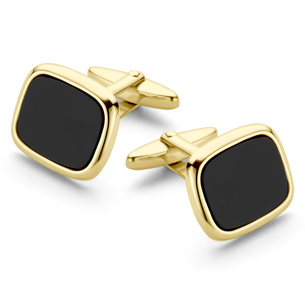 14k Geelgouden manchetknoppen uitgevoerd met onyx. 
De manchetknoppen hebben een afmeting van 14x16mm.
Een tijdloos sieraad voor een gentleman met klasse en smaak.