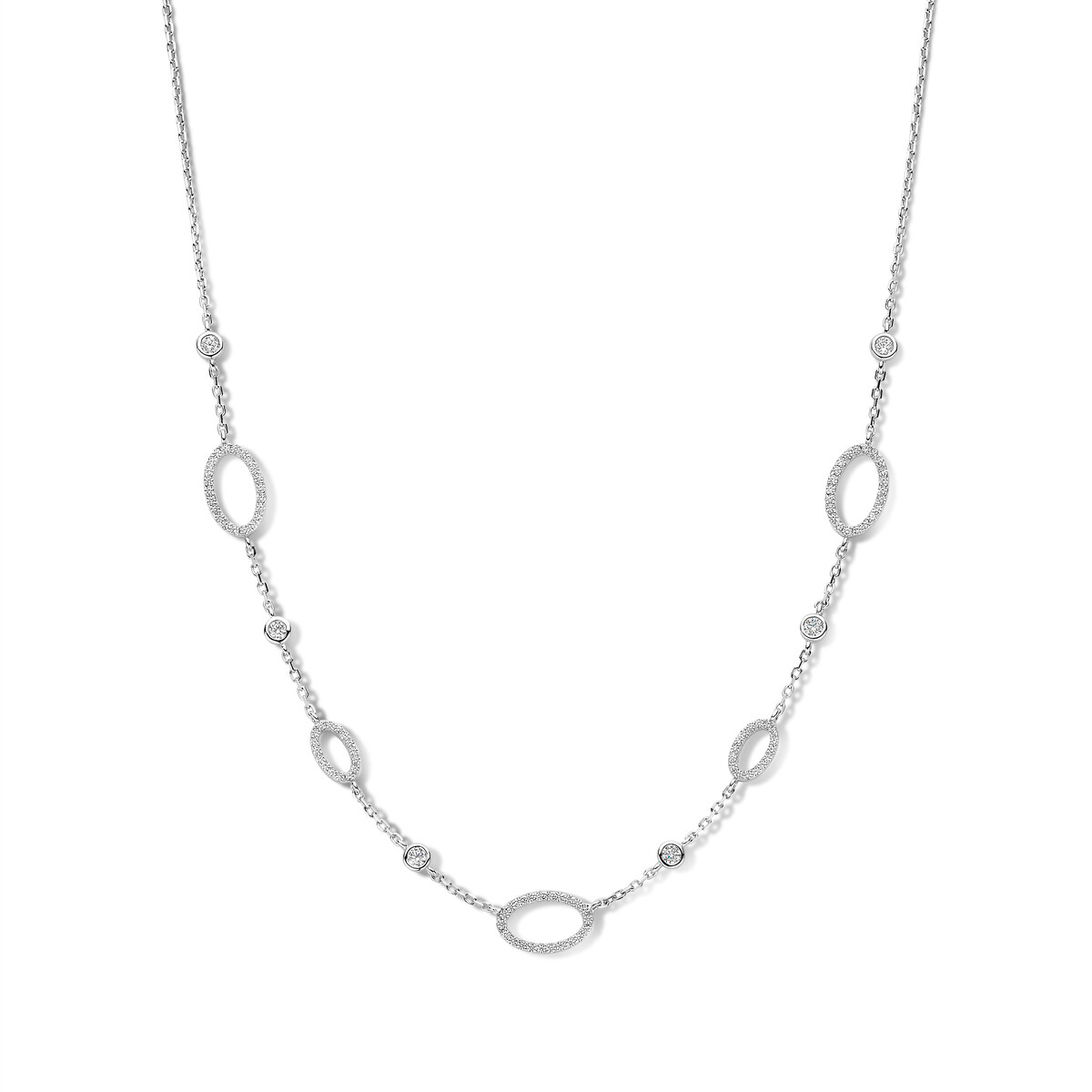 Zilveren collier met ovalen motiefjes bezet met zirkoon
42 - 45 cm