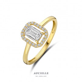 Gouden ring 18 kt met zirkoon
maat 54
