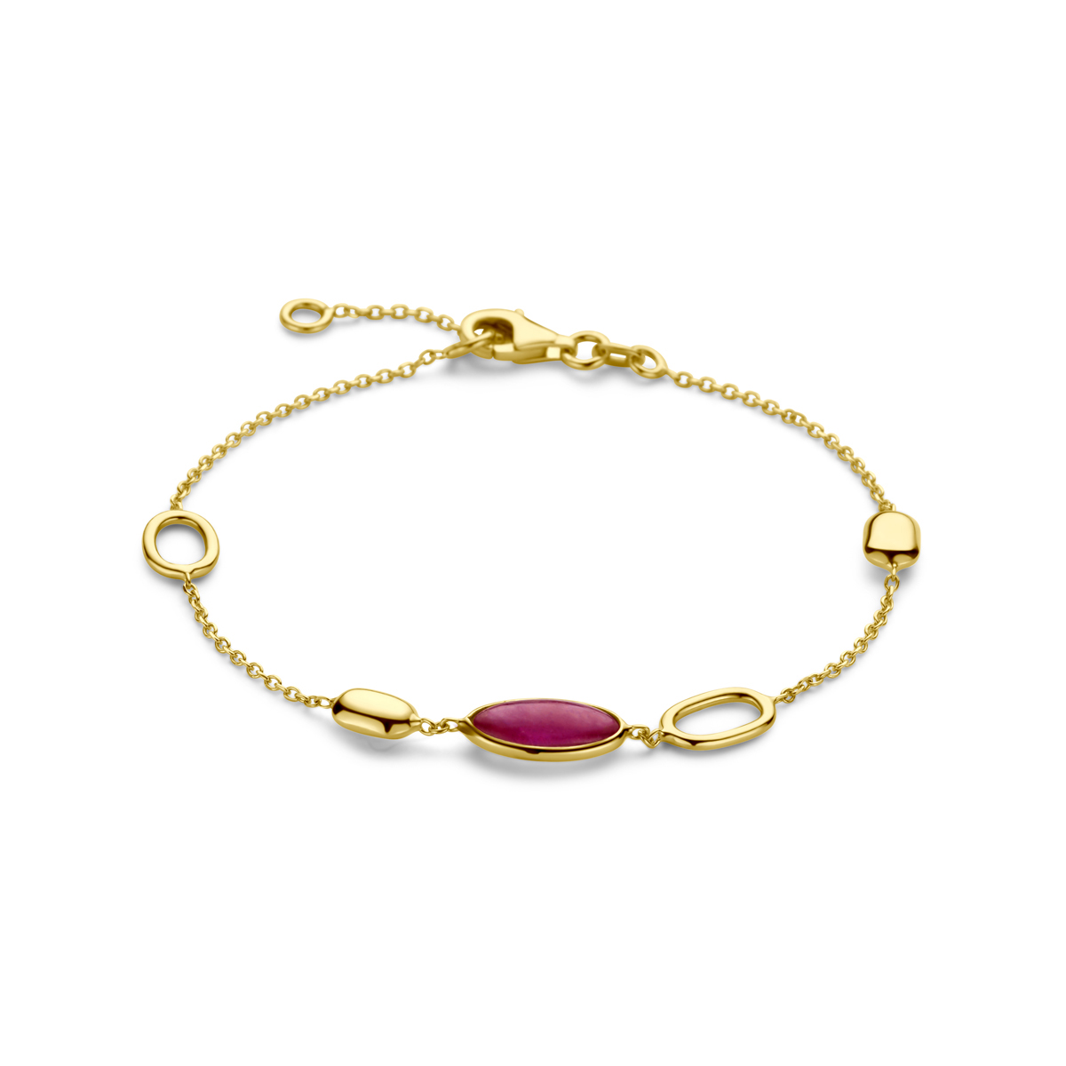 Gouden schakel armband met Robijn 10.5 x 54 mm Lengte 17-19 cm Bijpassende armband bij collier en oorhangers.