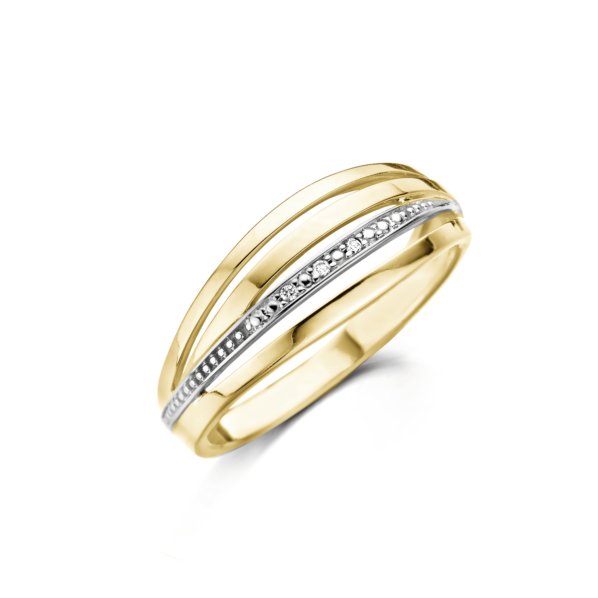 Deze prachtige ring is gemaakt van 18 karaat bicolor goud en is voorzien van een schitterende band met fijne briljantjes. Het unieke ontwerp geeft deze ring een elegante uitstraling die perfect is voor elke gelegenheid. Een tijdloos stuk dat nooit uit de mode zal raken.