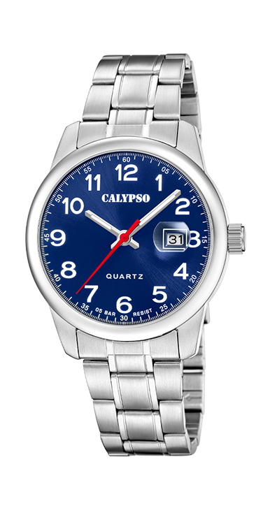 Calypso met blauwe wijzerplaat. Metalen band