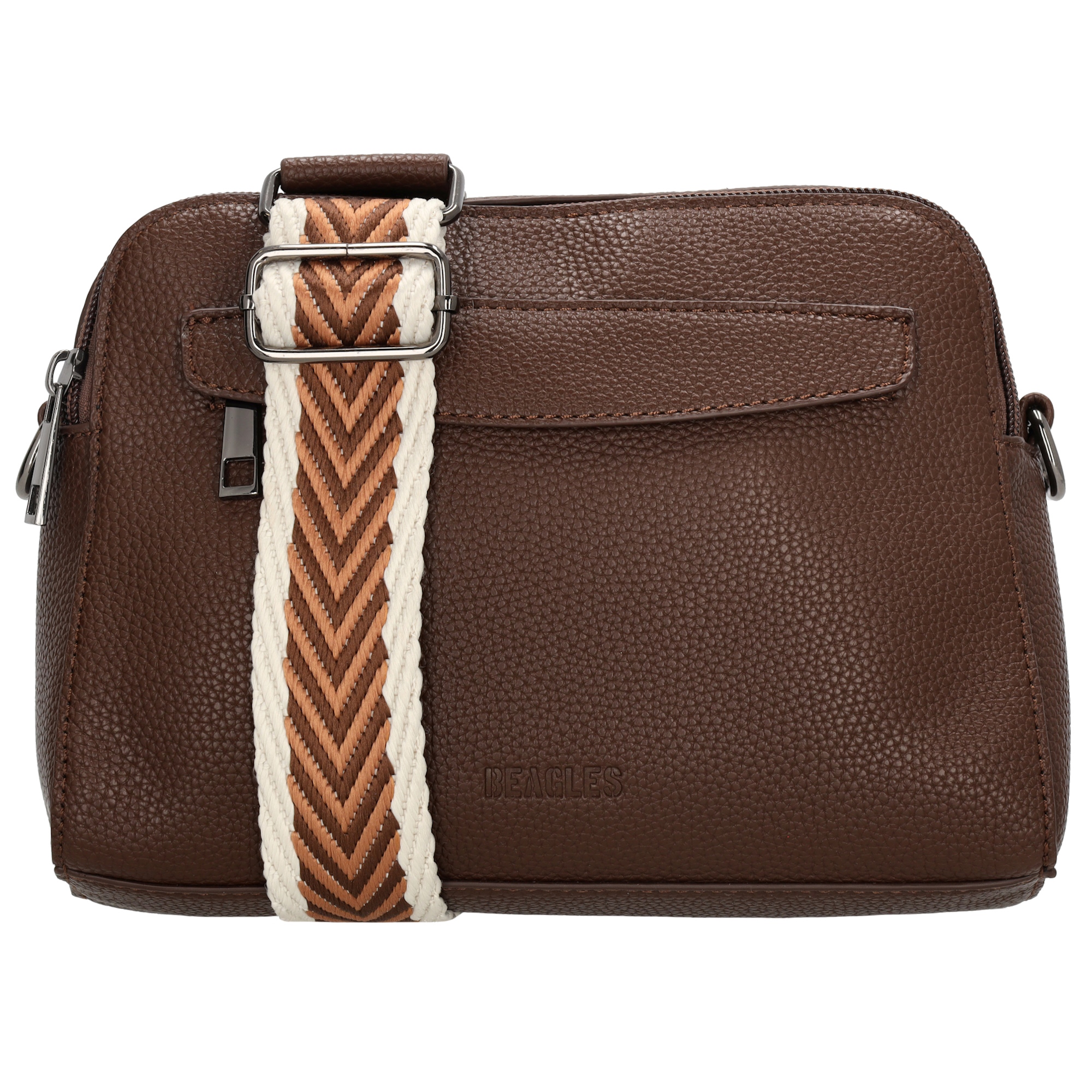 Deze schoudertas is een essentiële toevoeging aan je collectie. Het tijdloze, basisontwerp maakt het een veelzijdig model dat moeiteloos te combineren is met elke outfit, wat het perfect geschikt maakt voor dagelijks gebruik. De kleurrijke schouderband geeft deze tas een speelse twist, waardoor hij net dat beetje extra heeft dat hem onderscheidt van andere modellen. Deze Beagles schoudertas is een must-have item voor iedereen die op zoek is naar een stijlvolle en praktische tas. Voeg dit veelzijdige en trendy model toe aan je assortiment!

De eigenschappen van deze schoudertas zijn:

Twee hoofdvakken ritssluiting
Achter- en binnenvak met ritssluiting
Afneembare en verstelbare schouderband