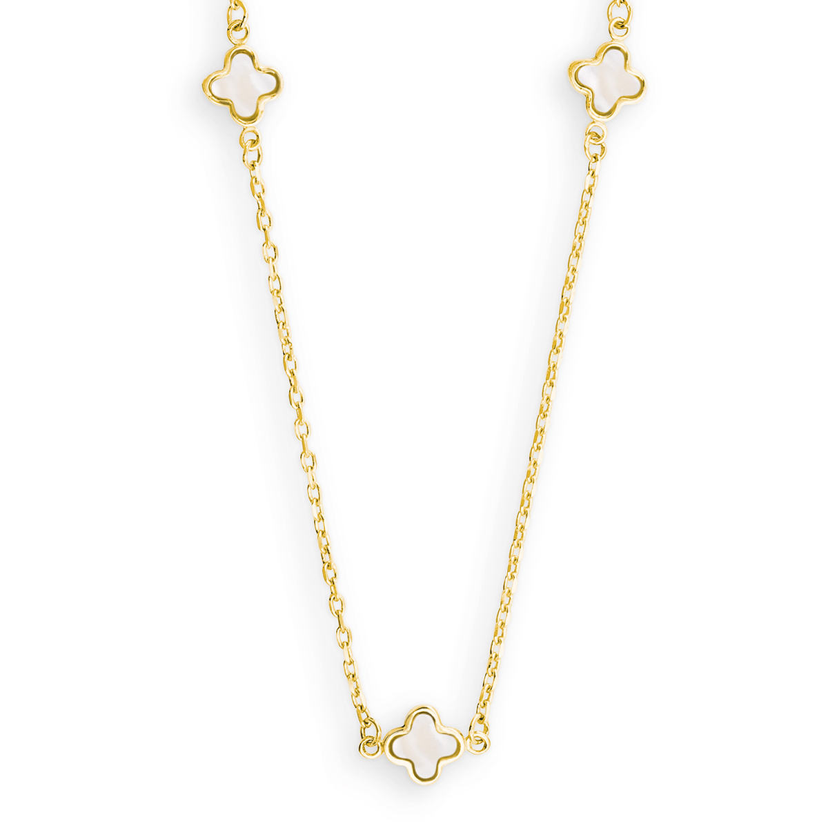 Gouden choker met met parelmoeren kruisvormige ornamentjes.
Lengte 45 cm.