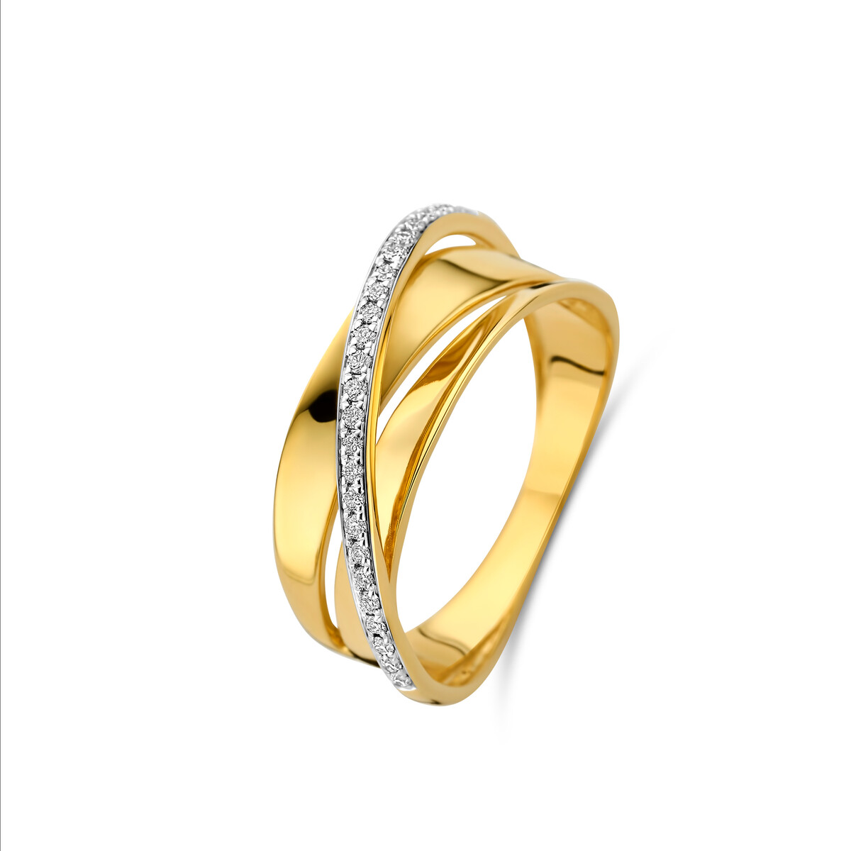 Deze prachtige ring is gemaakt van 18kt geel goud met 25 briljantjes op een wit gouden band gekruist over de ring. Het straalt elegantie uit. Draag deze ring aan je ringvinger voor een subtiele en stijlvolle toevoeging aan je outfit. Een waardevolle toevoeging aan je sieradencollectie.