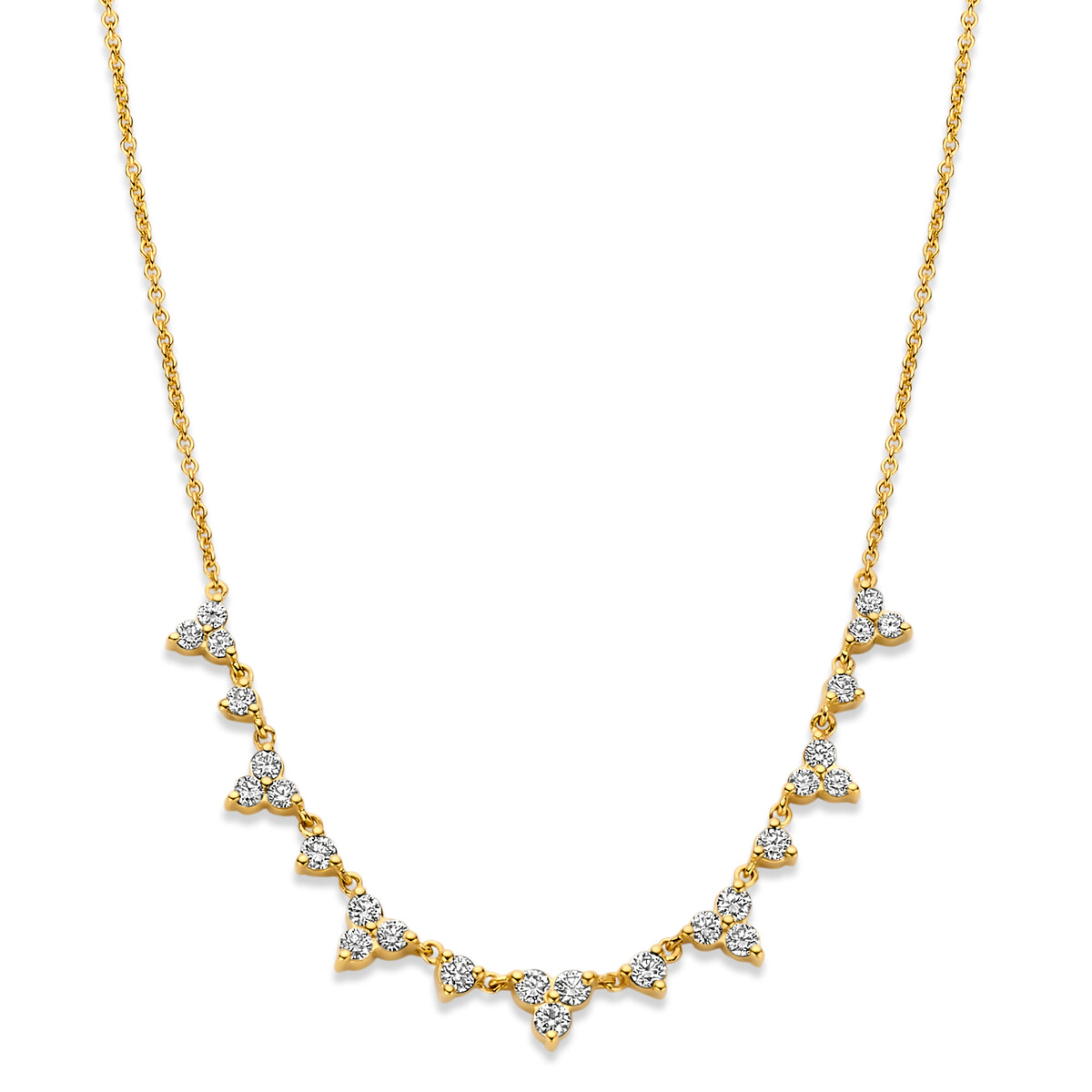 Deze prachtige halsketting is gemaakt van geel goud en heeft vooraan schitterende briljanten als eyecatcher. De halsketting schittert enorm en voegt een vleugje glamour toe aan je outfit. De Halsketting is opgebouwd door 27 briljanten met een totaal karaat van 0.51ct. 