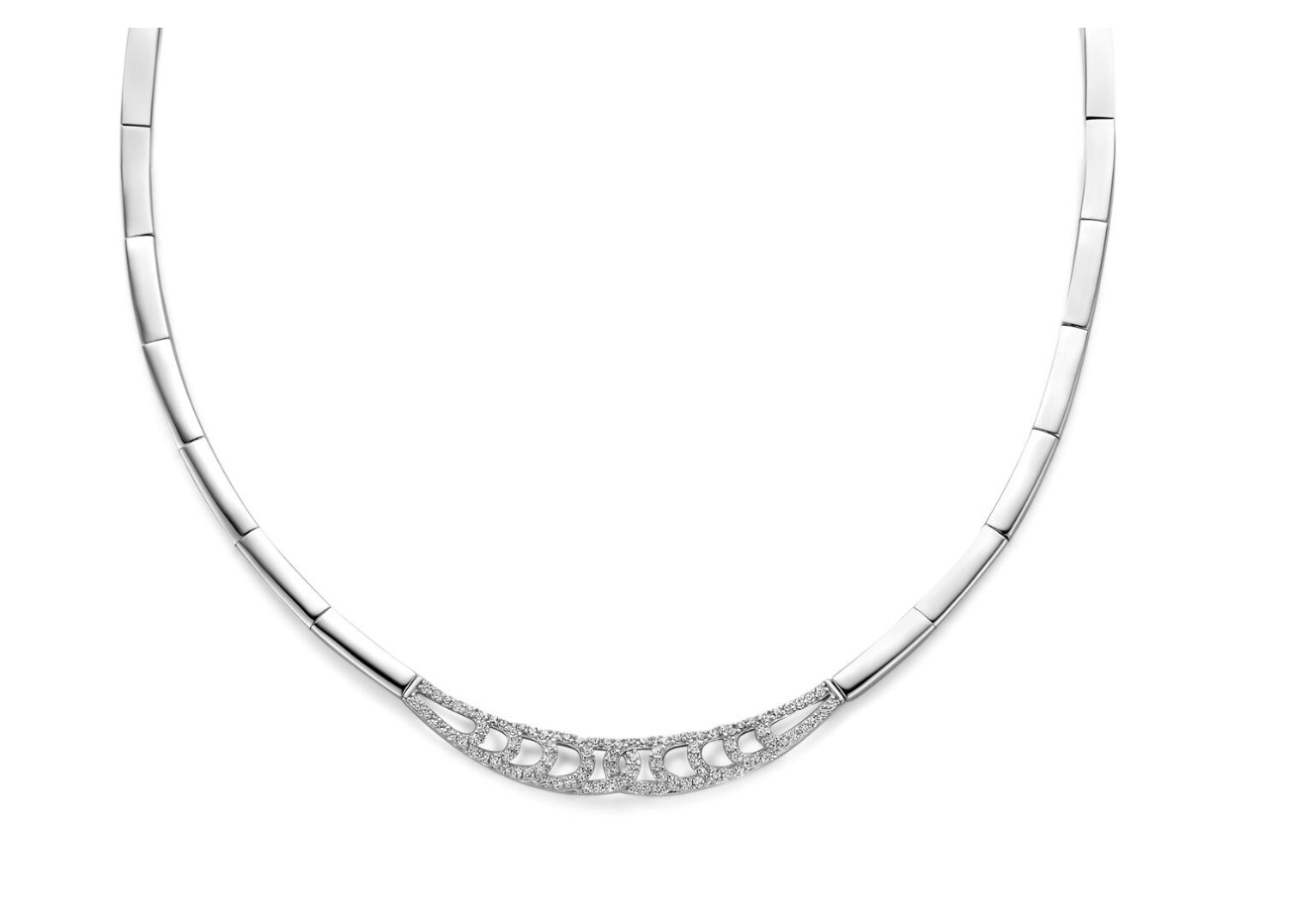 Gerhodineerd 925 zilveren collier uitgevoerd met zirkonia. Het collier heeft een draaglengte van 42cm en een extensie van 3cm. Uitgevoerd met karabijnsluiting.