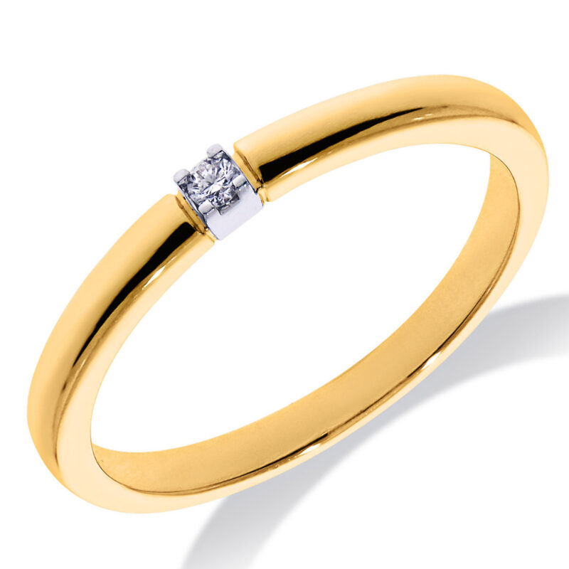 een 14 Krt geelgouden memoire ring met witgouden zetting met een diamant briljant geslepen 0.02 Crt H SI