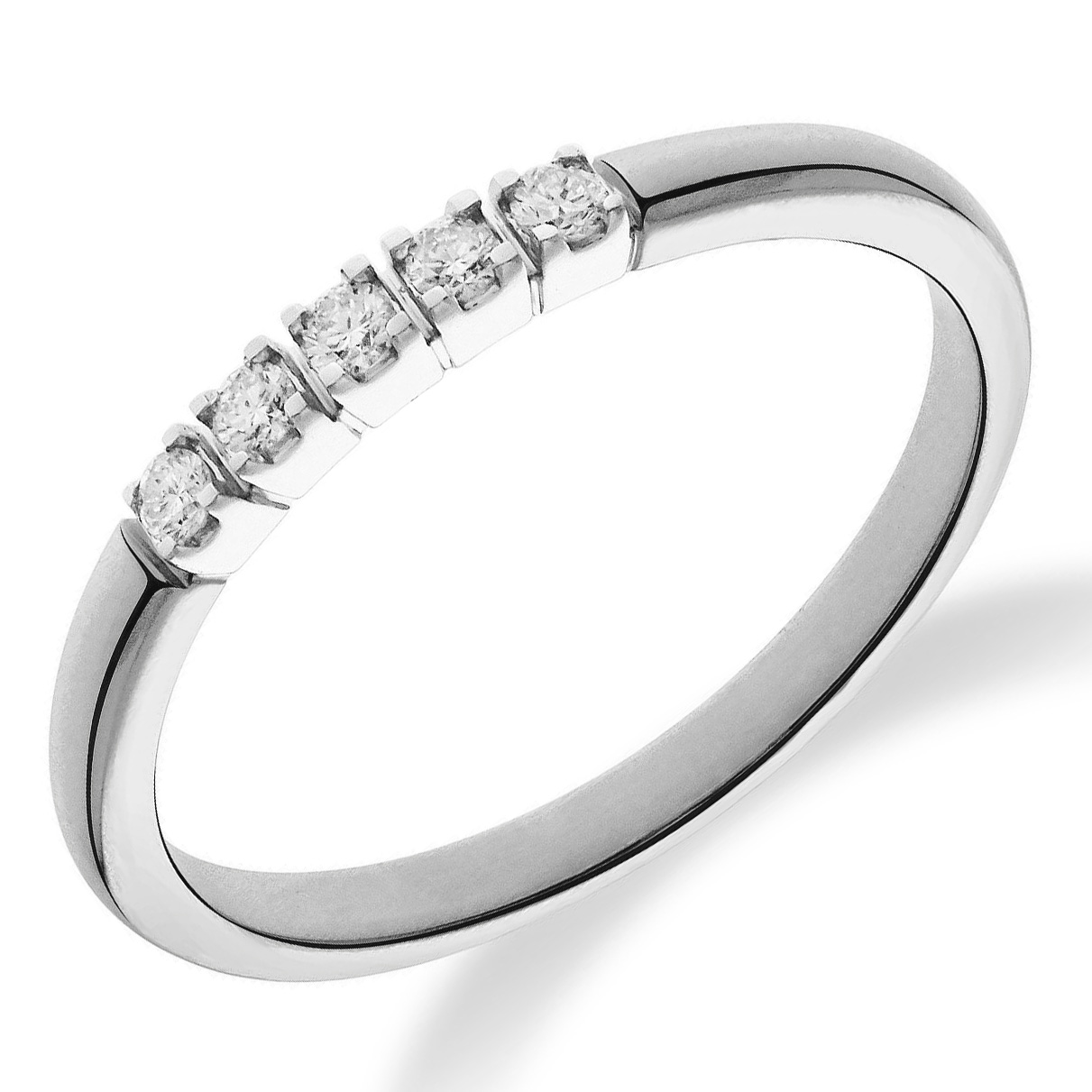 een 14 krt witgouden memoire ring  met diamant stenen briljant geslepen totaal 0.10 Crt H SI