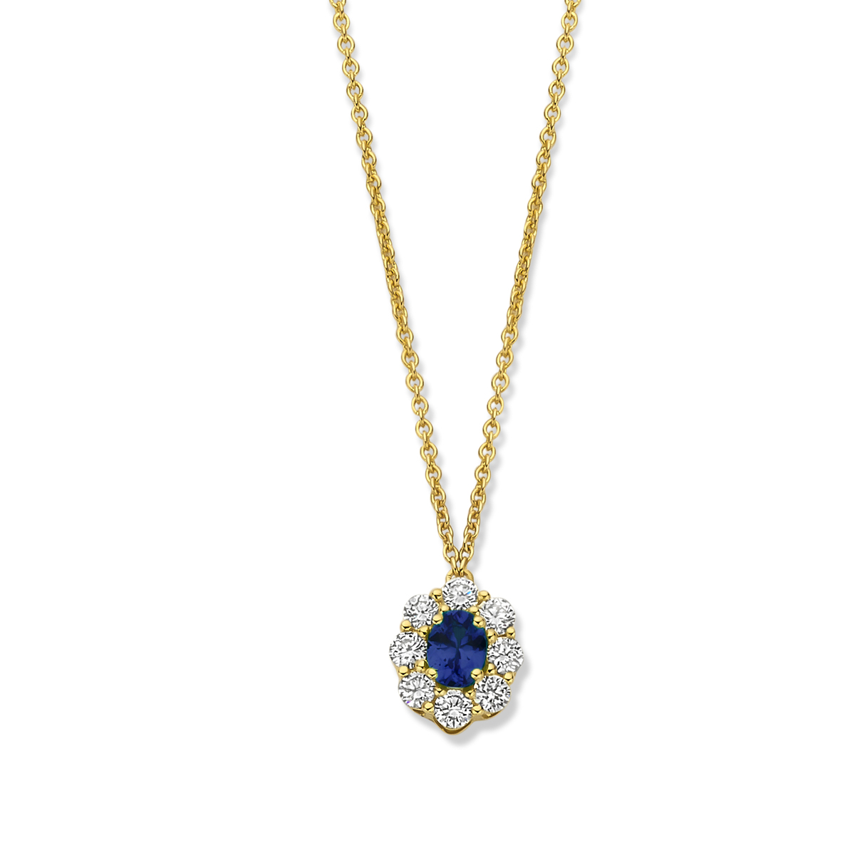 Deze prachtige halsketting is voorzien van een schitterende blauwe saffier van 0.28 karaat en 8 briljanten van 0.24 karaat. De halsketting straalt elegantie en luxe uit, perfect voor elke gelegenheid. Draag het alleen of combineer het met andere sieraden voor een extra glamourous look. Met een tijdloos design is dit een must-have voor elke vrouw.