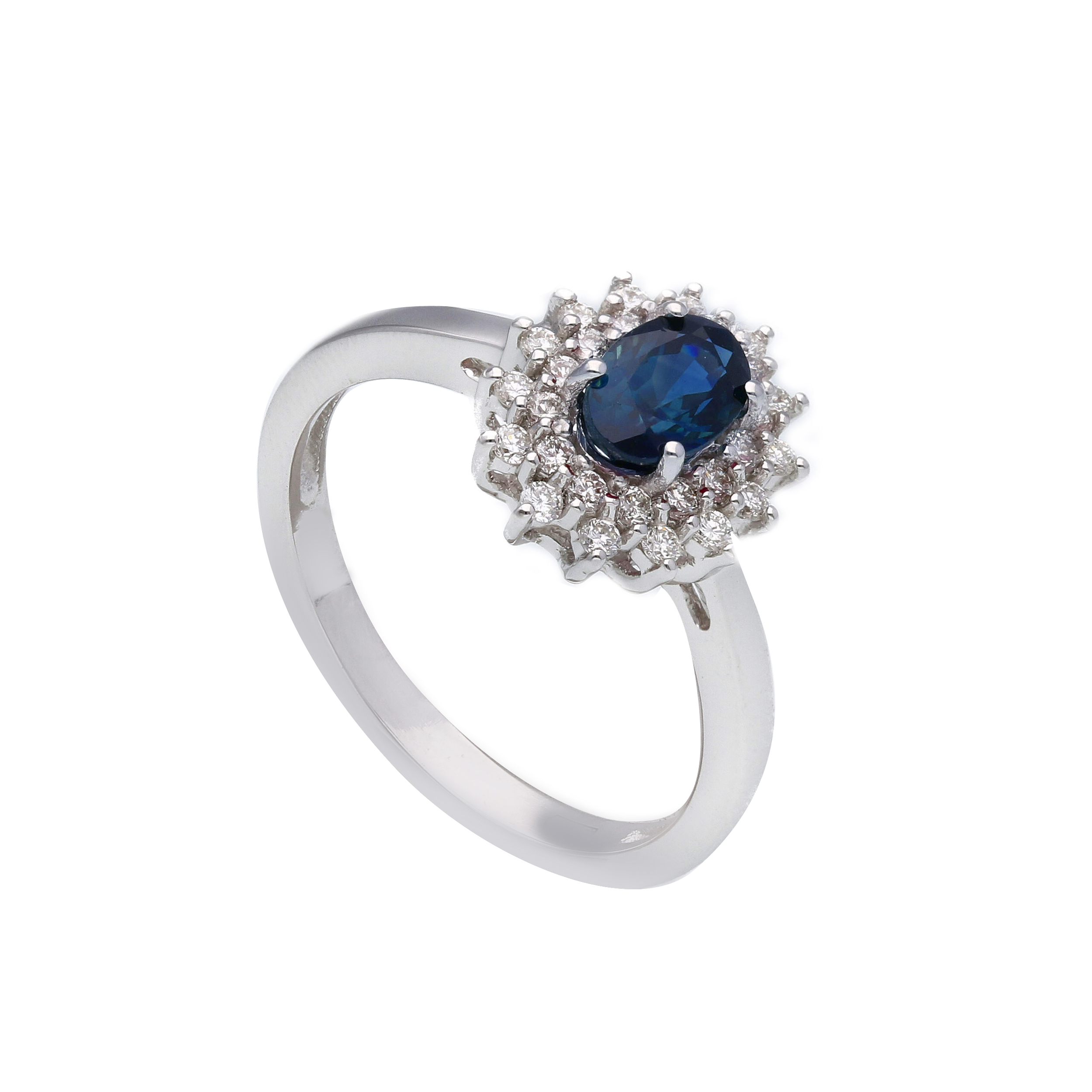 750 /°°° Witgoud
RING - HALO
NATUURLIJKE BLAUWE SAFFIER ct 0.630
DIAMANTEN G/H SI ct 0.280
