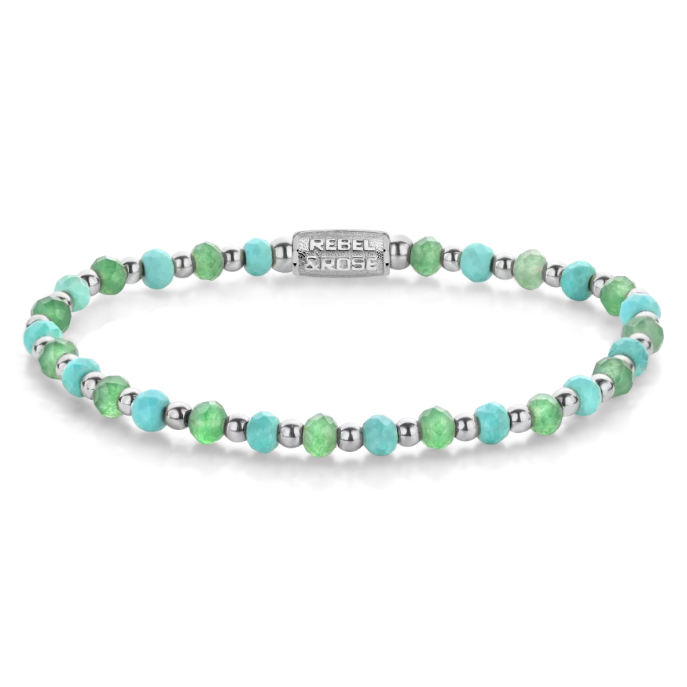 Edelstenen bead armband, handgemaakt van 4mm Turquoise en groene Aventurijn gefaceteerde kralen, afgewisseld met 4mm Hematiet stenen. De sluiting is gemaakt van zilverkleurig edelstaal. Het Rebel & Rose sieraad is makkelijk te combineren met onze andere kralenarmbanden.

Modelnaam	Blue Green Adventure - 4mm
Modelnr.	RR-40144-S
Collectie	Bracelets Beads
Type sieraad	Armband
Kleur	Blauw
Sluiting	Stainless Steel
Materiaal	Edelstenen
Steensoort	Art. Turquoise, Hematiet
Steenkleur	Turquoise, zilverkleurig
Afwerking	Polish
Breedte (mm)	4mm
Garantie	6 maanden