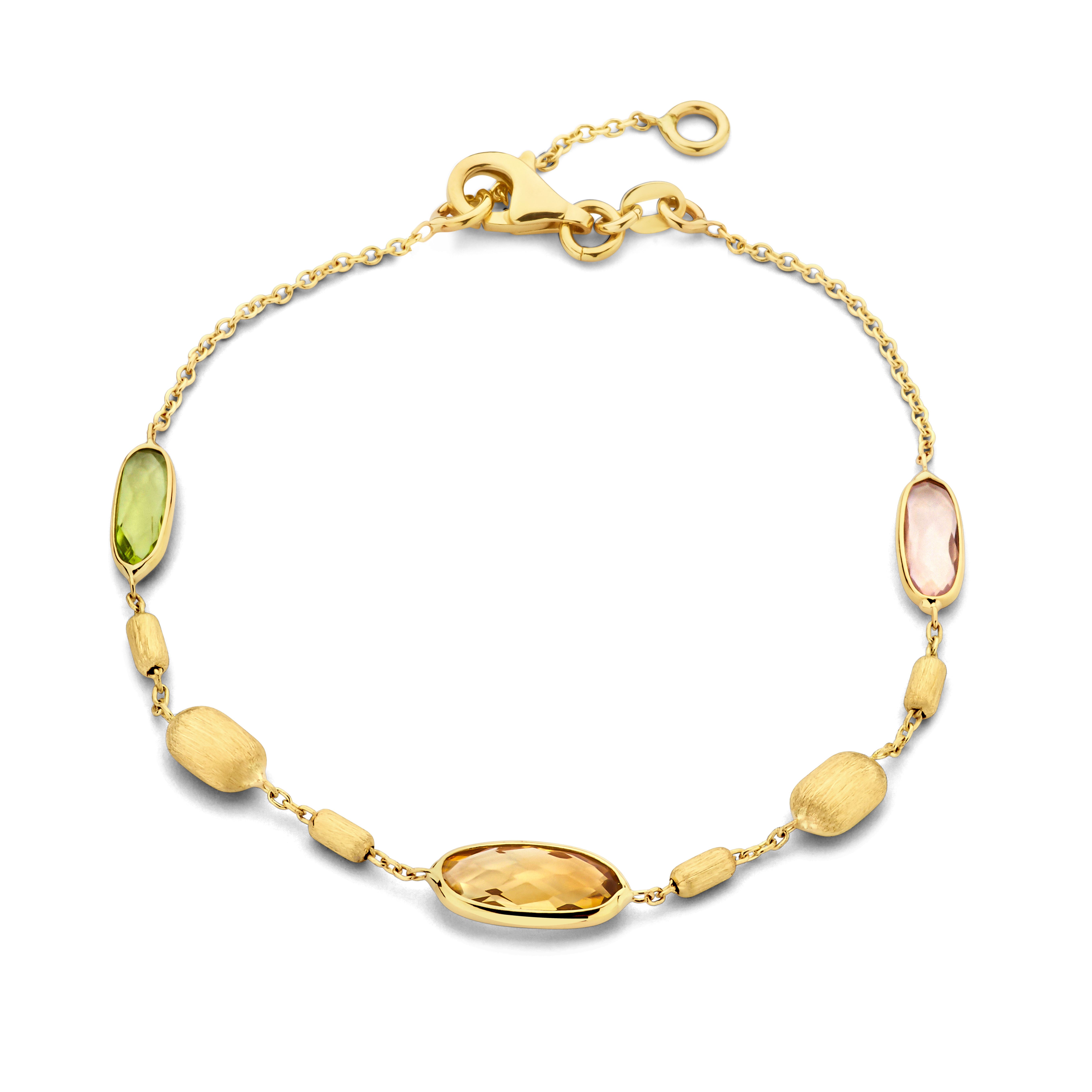 Geel gouden 18 karaat armband met citrien en peridoot en rose kwarst