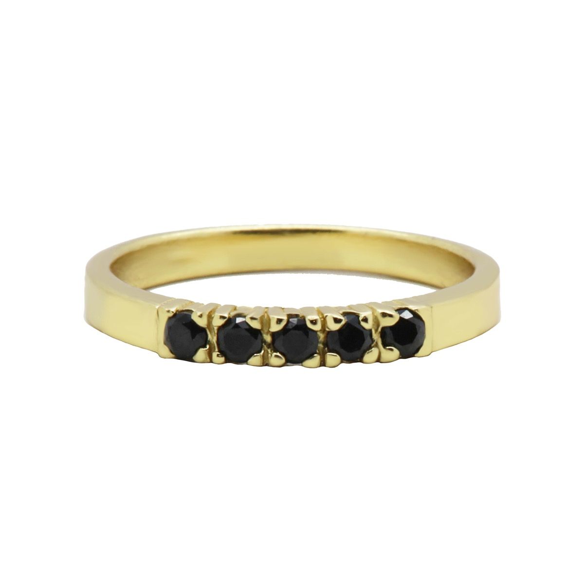 Dit is onze ring met 5 zwarte zirconia's. Onze sieraden zijn verkrijgbaar in 925 sterling zilver of met een 14K gouden plating.