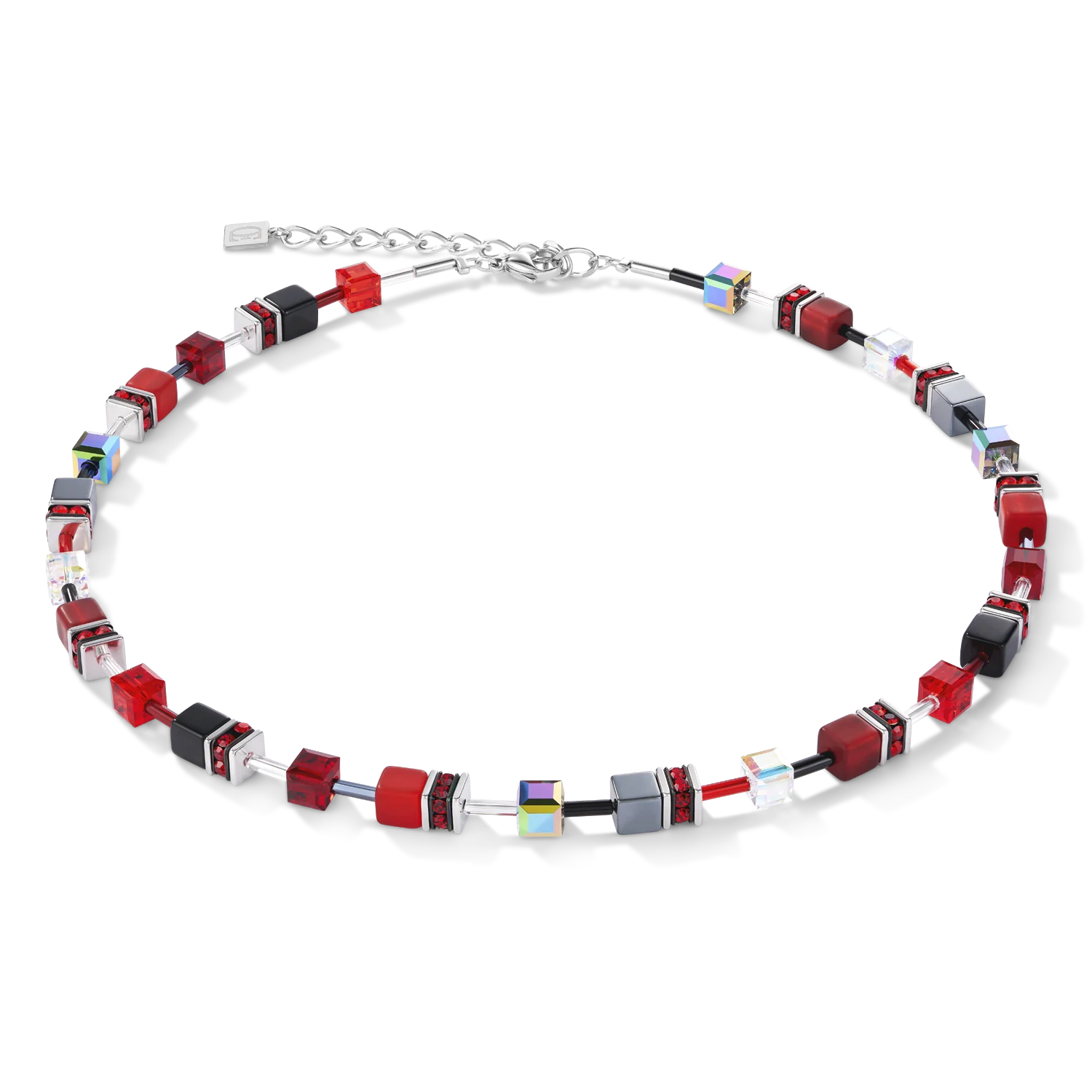 Coeur de Lion collier in feestelijk rood, vervaardigd met polaris, Swarovoski kristal, strass rondellen, hematiet en staal