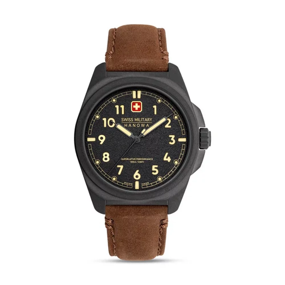 Swiss Military horloge, Fieldmaster zwart/bruin leer