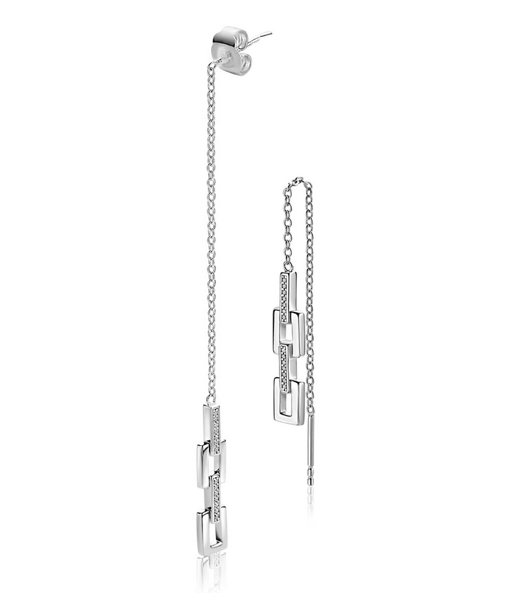 ZINZI zilveren trendy doortrek oorbellen (85mm) met vierkante schakels, bezet met witte zirkonia's. Ook lang met poussette in het oor te dragen. Exclusief ontworpen door mode-ontwerper Mart Visser. Vervaardigd van eerste gehalte zilver (925) en met extra rodiumlaag voor een langdurige glans.