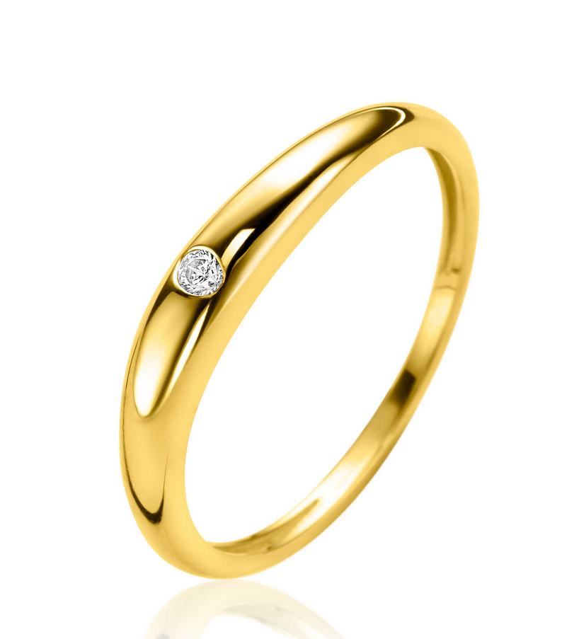 ZINZI Gold 14 karaat gouden ring organisch gevormd 3mm breed, bezet met een ronde witte zirkonia in het midden. Vervaardigd van geheel 14 karaat goud (585).