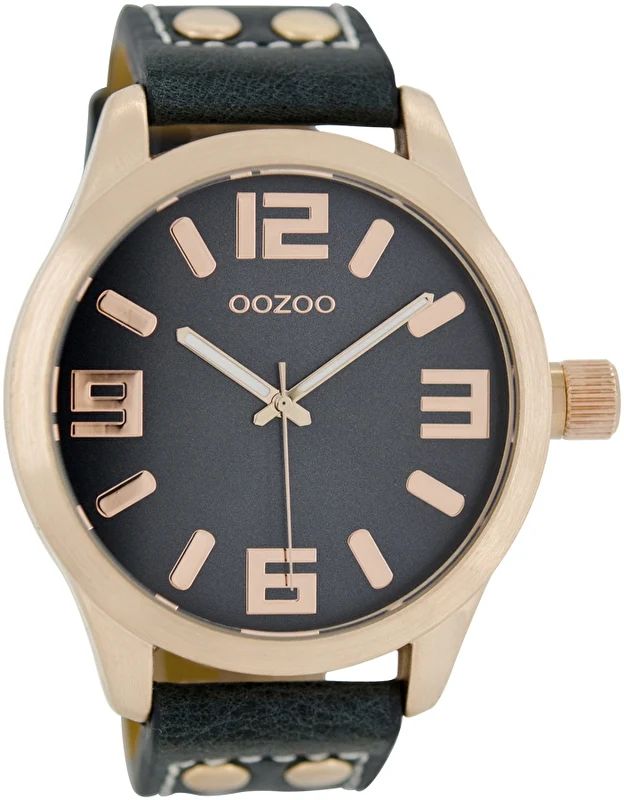 Rose gold coloured watch with dark blue leather strap