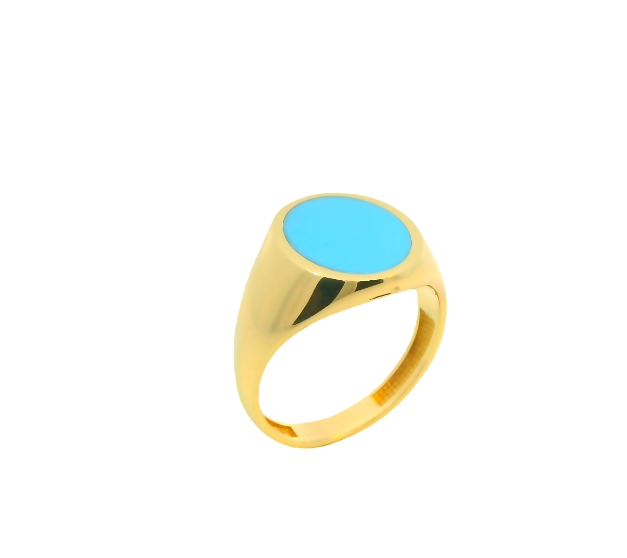 Deze geelgouden herenring van 14 karaat is verfraaid met een schitterende turkoois steen. De ring straalt luxe en stijl uit en is perfect voor speciale gelegenheden of dagelijks gebruik. Draag deze ring solo voor een elegante uitstraling of mix en match met andere sieraden voor een unieke look. Een prachtig stuk dat zeker bewonderende blikken zal trekken.
 De ring is verkrijgbaar in meerdere afmetingen.