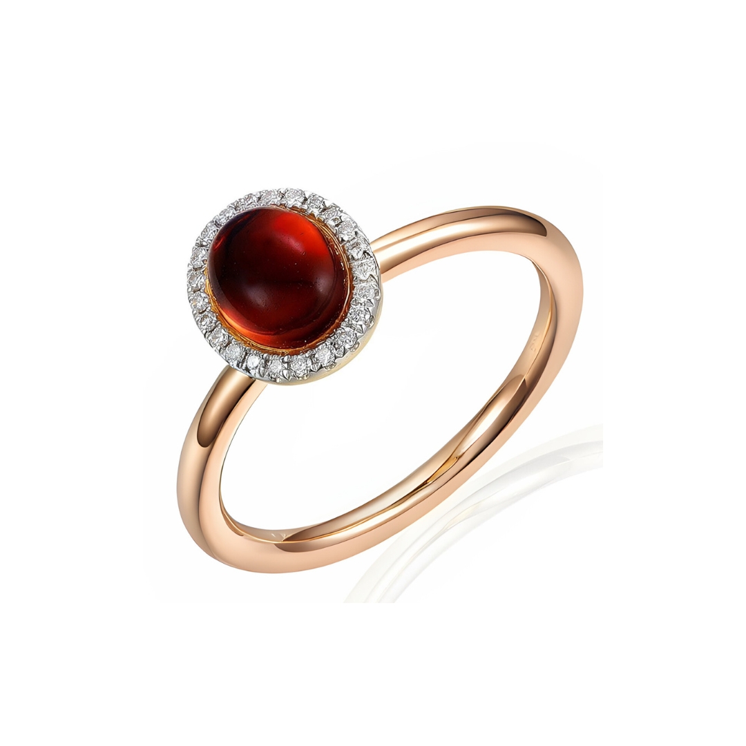 Huiscollectie - Roségouden damesring bezet met briljant geslepen diamanten en cabochon geslepen granaat