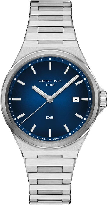 Certina DS7 heeft een metalen band en kast. Het glas is een saffierglas en de waterdichtheid is tot 10 atm.