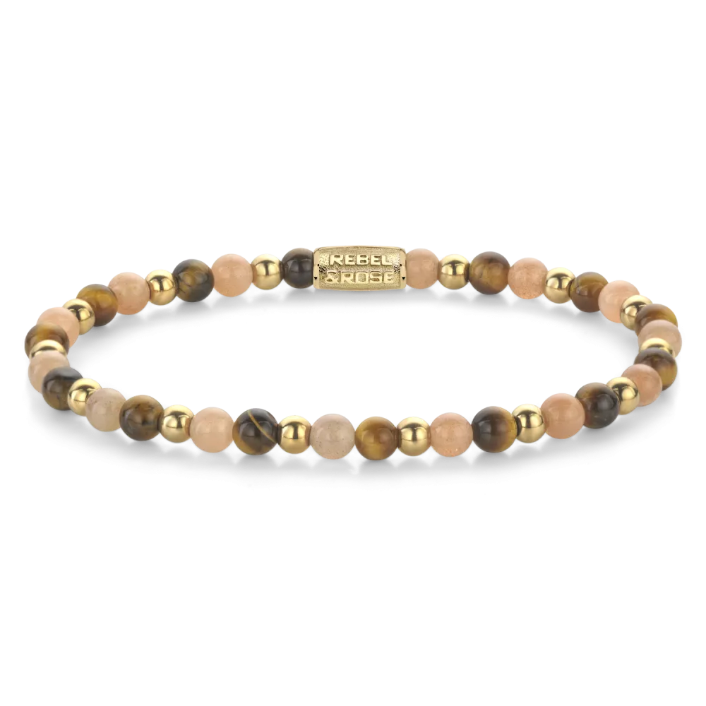 Edelstenen bead armband, handgemaakt van 4mm stenen (Tijgeroog, Zonnesteen, goudkleurige beads) met een verguld edelstalen sluiting. Het Rebel & Rose sieraad is makkelijk te combineren met onze andere kralenarmbanden.

Modelnaam	Sunset Beach -  4mm
Modelnr.	RR-40140-G-M
Collectie	Bracelets Beads
Type sieraad	Armband
Kleur	Oranje, Goudkleurig, Bruin
Sluiting	Stainless Steel
Materiaal	Edelstenen
Steensoort	Zonnesteen,  tijgeroog
Steenkleur	Oranje, goudkleurige stalen beads, bruin
Afwerking	Polish
Breedte (mm)	4mm
Garantie	6 maanden
