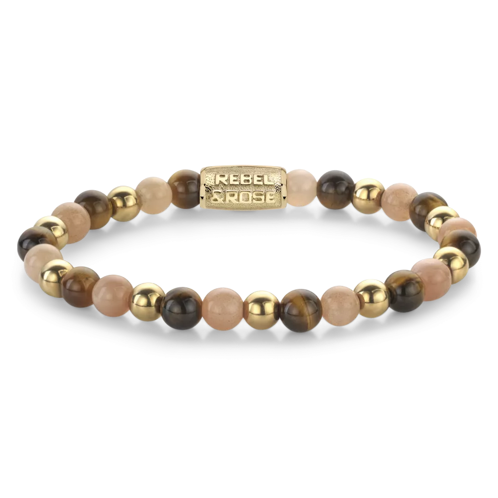 Edelstenen bead armband, handgemaakt van 6mm stenen (Tijgeroog, Zonnesteen, goudkleurige beads) met een verguld edelstalen sluiting. Het Rebel & Rose sieraad is makkelijk te combineren met onze andere kralenarmbanden.

Modelnaam	Sunset Beach -  6mm
Modelnr.	RR-60129-G-M
Collectie	Bracelets Beads
Type sieraad	Armband
Kleur	Oranje, Goudkleurig, Bruin
Sluiting	Stainless Steel
Materiaal	Edelstenen
Steensoort	Zonnesteen,  tijgeroog
Steenkleur	Oranje, goudkleurige stalen beads, bruin
Afwerking	Polish
Breedte (mm)	6mm
Garantie	6 maanden