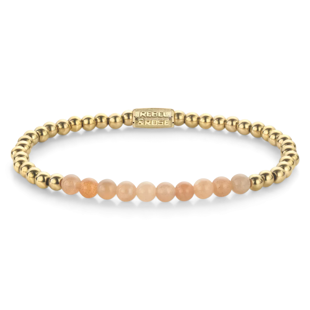 Bead armband met tien 4mm Sunstone stenen, en 4mm verguld edelstalen beads. De sluiting is gemaakt van verguld edelstaal. Het Rebel & Rose sieraad is handgemaakt en makkelijk te combineren met onze andere kralenarmbanden.

Modelnaam	Sunstone meets Yellow - 4mm
Modelnr.	RR-40139-G-M
Collectie	Bracelets Beads
Type sieraad	Armband
Kleur	Oranje, Goudkleurig
Sluiting	Stainless Steel
Materiaal	Edelstenen
Steensoort	Zonnesteen, 
Steenkleur	Oranje, goudkleurige stalen beads
Afwerking	Polish
Breedte (mm)	4mm
Garantie	6 maanden
