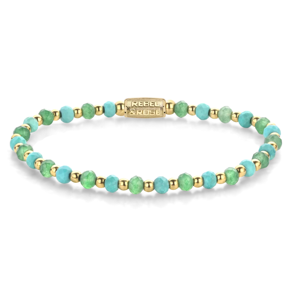 Edelstenen bead armband, handgemaakt van 4mm Turquoise en groene Aventurijn gefaceteerde kralen, afgewisseld met 4mm vergulde edelstalen beads. De sluiting is gemaakt van verguld edelstaal. Het Rebel & Rose sieraad is makkelijk te combineren met onze andere kralenarmbanden.

Modelnaam	Blue Green Adventure - 4mm
Modelnr.	RR-40143-G-M
Collectie	Bracelets Beads
Type sieraad	Armband
Kleur	Blauw, Goudkleurig
Sluiting	Stainless Steel
Materiaal	Edelstenen
Steensoort	Art. Turquoise,
Steenkleur	Turquoise, goudkleurige stalen beads
Afwerking	Polish
Breedte (mm)	4mm
Garantie	6 maanden