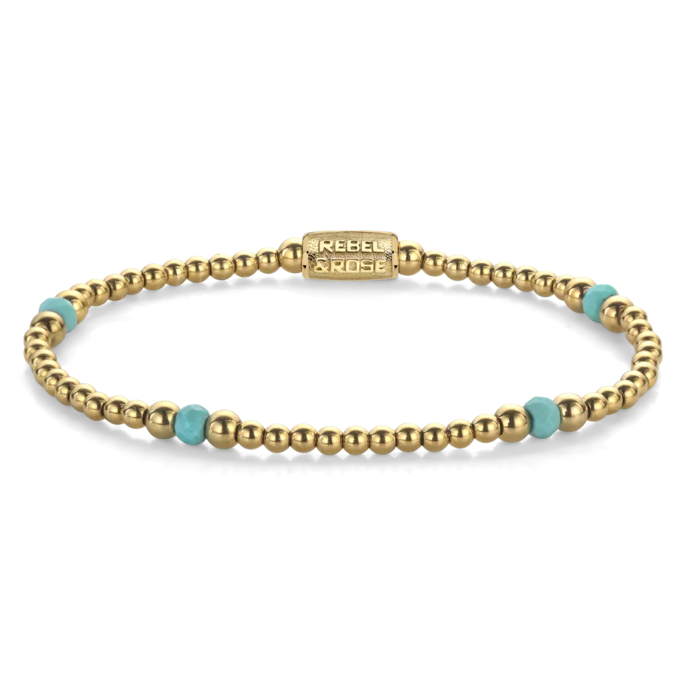 Edelstenen bead armband, handgemaakt van 4mm Turquoise gefaceteerde kralen, afgewisseld met 3mm en 4mm vergulde edelstalen beads. De sluiting is gemaakt van verguld edelstaal. Het Rebel & Rose sieraad is makkelijk te combineren met onze andere kralenarmbanden.

Modelnaam	Touch of Turquoise - 4mm
Modelnr.	RR-40142-G-M
Collectie	Bracelets Beads
Type sieraad	Armband
Kleur	Blauw, Goudkleurig
Sluiting	Stainless Steel
Materiaal	Edelstenen
Steensoort	Art. Turquoise,
Steenkleur	Turquoise, goudkleurige stalen beads
Afwerking	Polish
Breedte (mm)	4mm
Garantie	6 maanden
