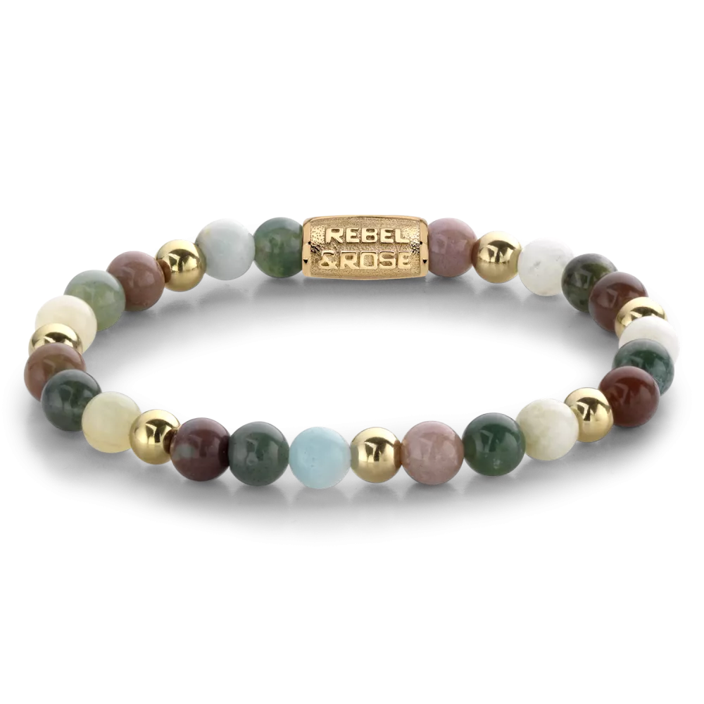 Edelstenen bead armband, handgemaakt van 6mm stenen met een verguld edelstalen sluiting. Het Rebel & Rose sieraad is makkelijk te combineren met andere zilveren, leren of kralenarmbanden.

Modelnaam	Spring Shine -  6mm
Modelnr.	RR-60077-G-M
Collectie	Bracelets Beads
Type sieraad	Armband
Kleur	Mix, Goudkleurig
Sluiting	Stainless Steel
Materiaal	Edelstenen
Steensoort	Indian Agaat, Moss Agaat Amazoniet,
Steenkleur	Groen/bruin/geelgoud
Afwerking	Polish
Breedte (mm)	6mm
Garantie	6 maanden