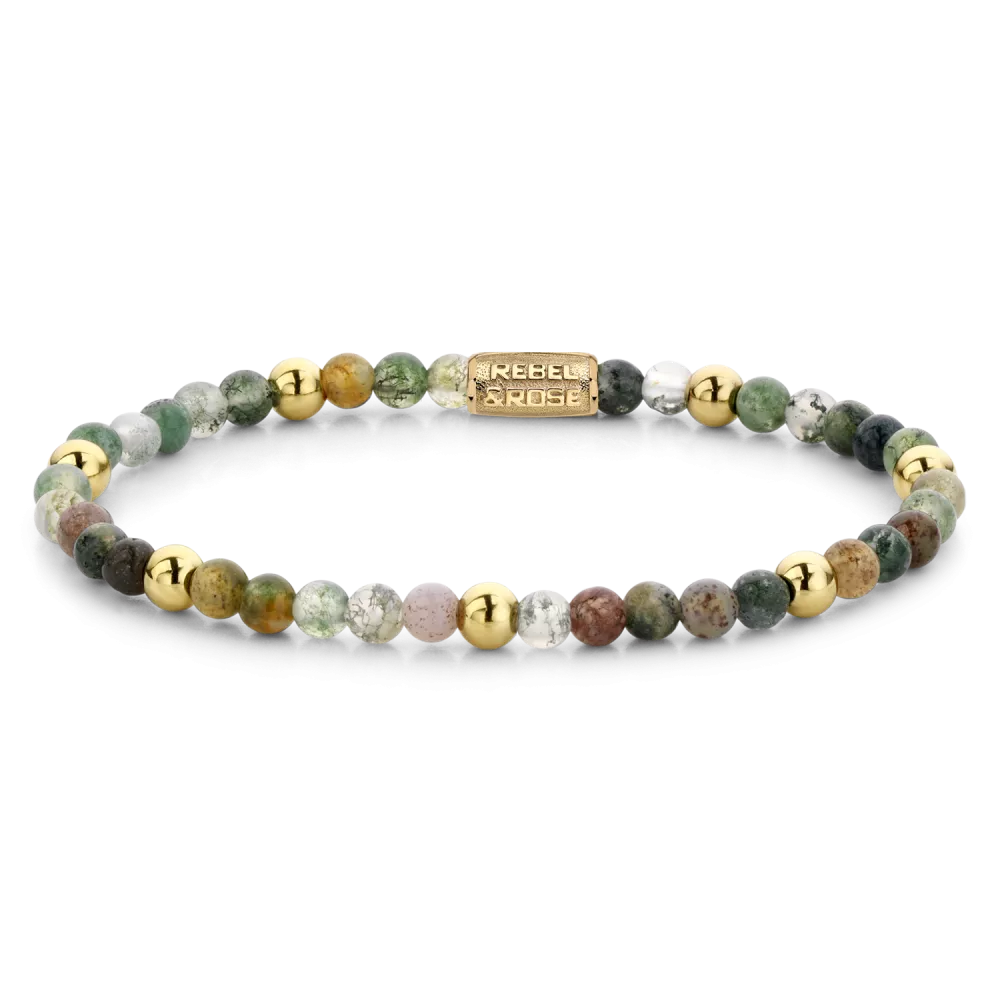Edelstenen bead armband, handgemaakt van 4mm stenen met een verguld edelstalen sluiting. Het Rebel & Rose sieraad is makkelijk te combineren met andere zilveren, leren of kralenarmbanden.

Modelnaam	Indian Summer -  4mm
Modelnr.	RR-40046-G-M
Collectie	Bracelets Beads
Type sieraad	Armband
Kleur	Mix, Goudkleurig
Sluiting	Stainless Steel
Materiaal	Edelstenen
Steensoort	Agaat
Steenkleur	Groen met beige/pastel kleuren
Afwerking	Polish
Breedte (mm)	4mm
Garantie	6 maanden