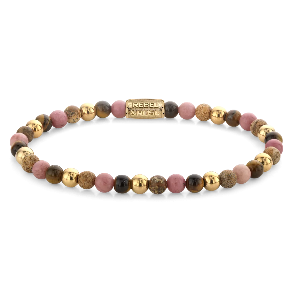 Edelstenen bead armband, handgemaakt van 4mm stenen (Tijgeroog, Rhodochrosiet en Bronziet) met een verguld edelstalen sluiting. Het Rebel & Rose sieraad is makkelijk te combineren met onze andere kralenarmbanden.

Modelnaam	Winter Glow  - 4mm
Modelnr.	RR-40101-G-M
Collectie	Bracelets Beads
Type sieraad	Armband
Kleur	Bruin, Mix, Paars, Goudkleurig
Sluiting	Stainless Steel
Materiaal	Edelstenen
Steensoort	Tijgeroog, Rhodochrosiet, Bronziet
Steenkleur	Bruin, roze, geel en goudkleurig
Afwerking	Polish
Breedte (mm)	4mm
Garantie	6 maanden