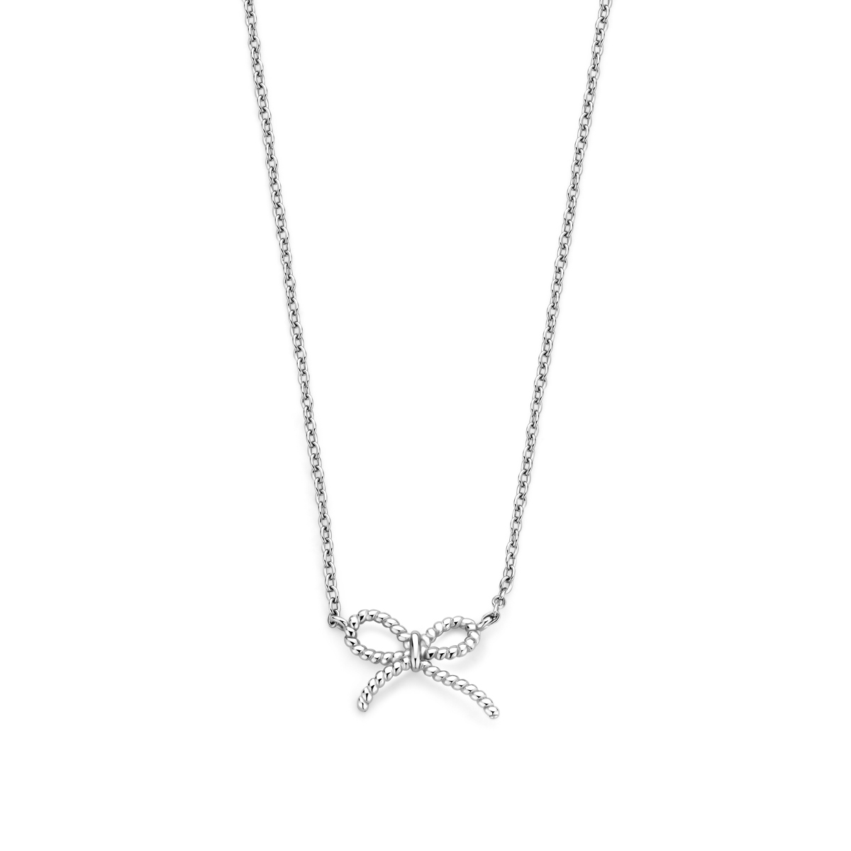 Gerhodineerd 925 zilveren collier uitgevoerd in met een strik. Het collier heeft een draaglengte van 40cm met een extensie van 4cm. De schakelbreedte is 1mm. Uitgevoerd met een karabijnsluiting.