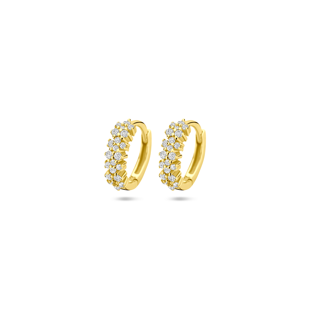 Geelgoud op 925 zilveren klapoorringen uitgevoerd met zirkonia. De klapoorringen hebben een diameter van 11.5mm. Geen garantie op plating.