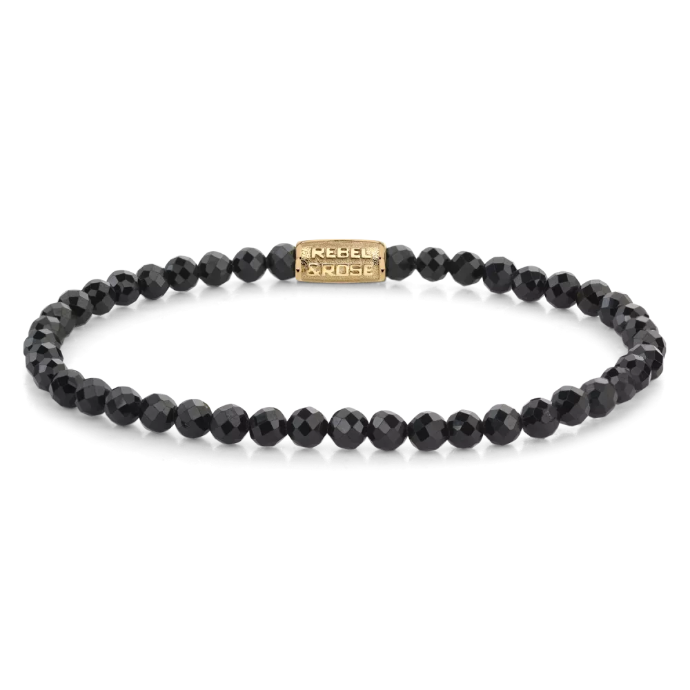 Bead armband met 4mm Black Spinel stenen. De sluiting is gemaakt van verguld edelstaal. Het Rebel & Rose sieraad is handgemaakt en makkelijk te combineren met onze andere kralenarmbanden.

Modelnaam	Black Glam Rocks  - 4mm
Modelnr.	RR-40153-G-M
Collectie	Bracelets Beads
Type sieraad	Armband
Kleur	Zwart
Sluiting	Stainless Steel verguld
Materiaal	Edelstenen
Steensoort	Black Spinel
Steenkleur	Zwart
Afwerking	Polish
Breedte (mm)	4mm
Garantie	6 maanden