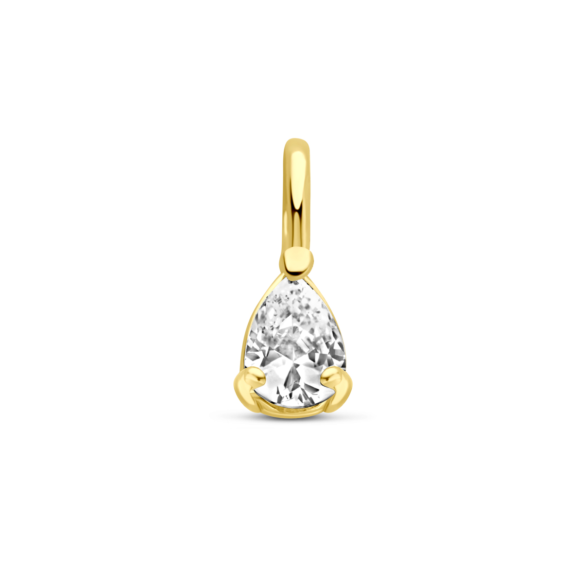 14k Geelgouden hanger uitgevoerd met zirkonia. De hanger heeft een afmeting van 8.5x3.5mm.