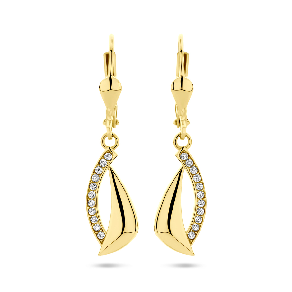 14k Geelgouden oorhangers uitgevoerd met zirkonia. De oorhangers hebben een totale hoogte van 31mm.
