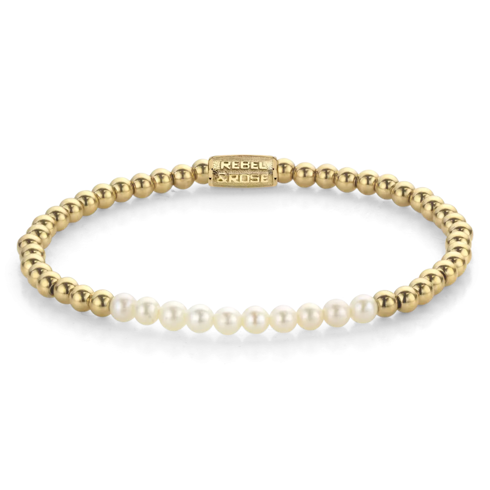 Bead armband met 10 echte 4mm zoetwater parels van hoge kwaliteit, en 4mm vergulde edelstalen beads. De sluiting is gemaakt van verguld edelstaal. Het Rebel & Rose sieraad is handgemaakt en makkelijk te combineren met onze andere kralenarmbanden.

Modelnaam	Pearl Gem meets Yellow   - 4mm
Modelnr.	RR-40127-G-M
Collectie	Bracelets Beads
Type sieraad	Armband
Kleur	Wit, Goudkleurig
Sluiting	Stainless Steel
Materiaal	Edelstenen
Steensoort	Parels, 
Steenkleur	Witte parels, goudkleurige stalen beads
Afwerking	Polish
Breedte (mm)	4mm
Garantie	6 maanden