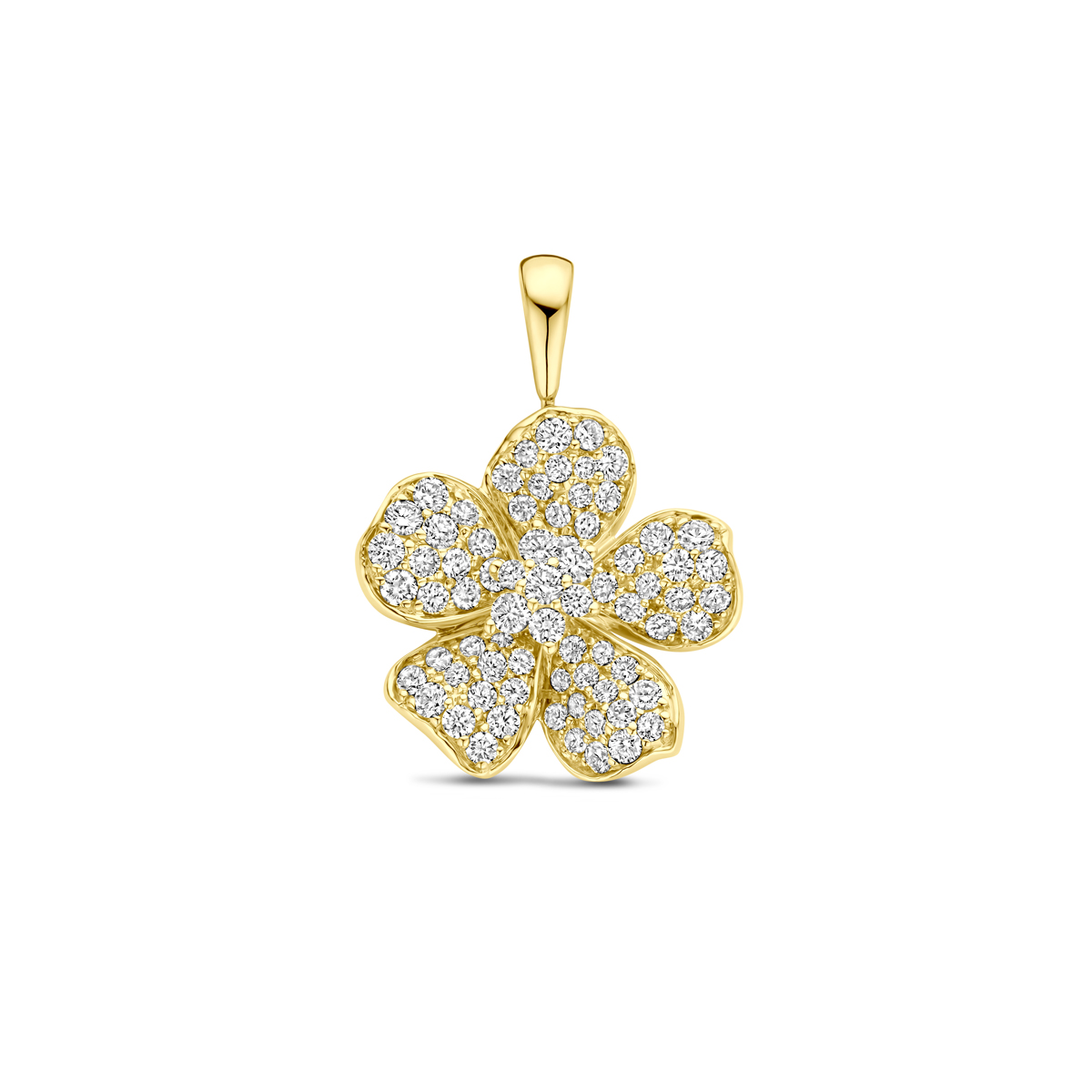 14k Geelgouden hanger uitgevoerd in de vorm van een bloem met diamant. De hanger heeft een afmeting van 21.5x16mm. Het totale diamantgewicht is 0.75ct.