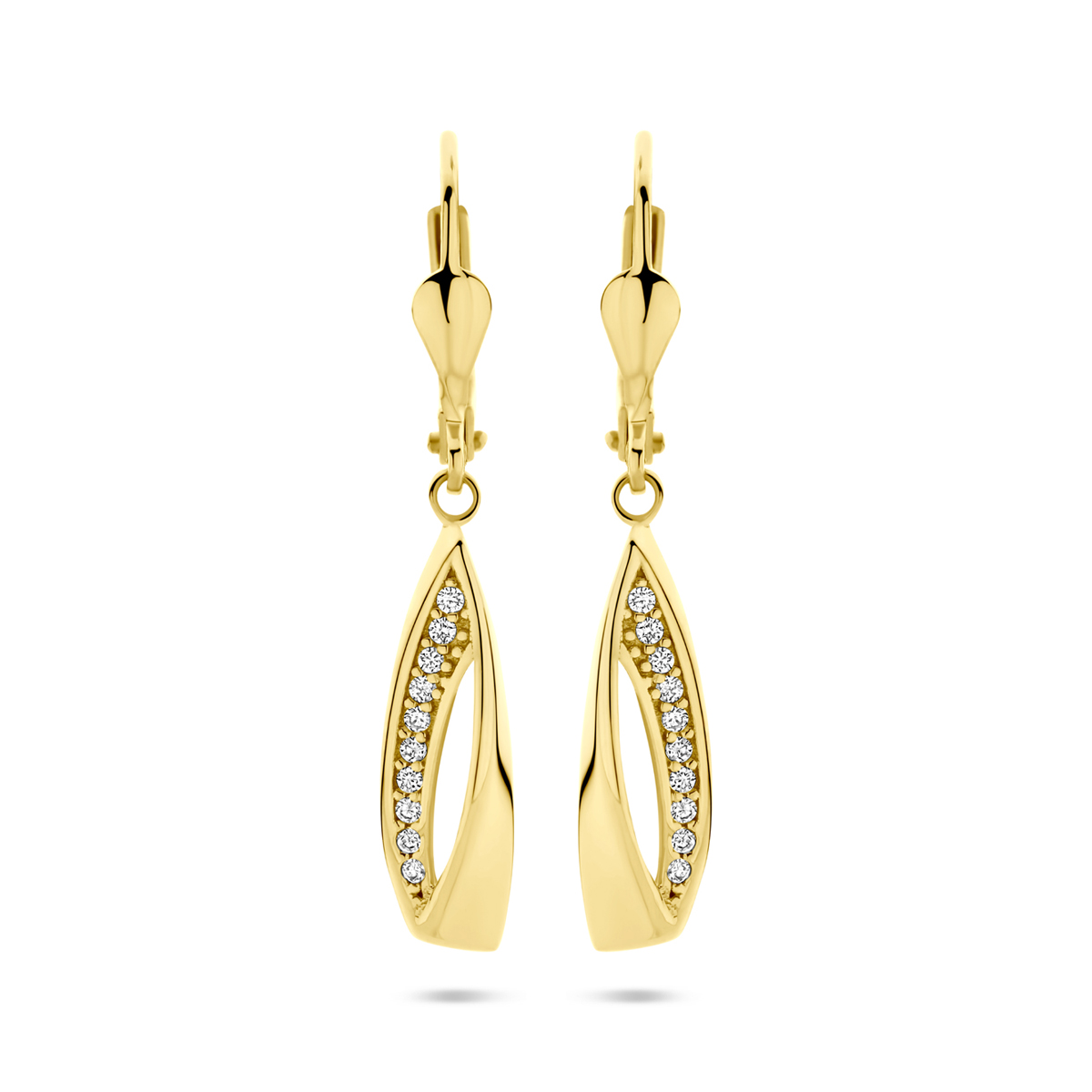 14k Geelgouden oorhangers uitgevoerd met zirkonia. De oorhangers hebben een totale hoogte van 33mm.
