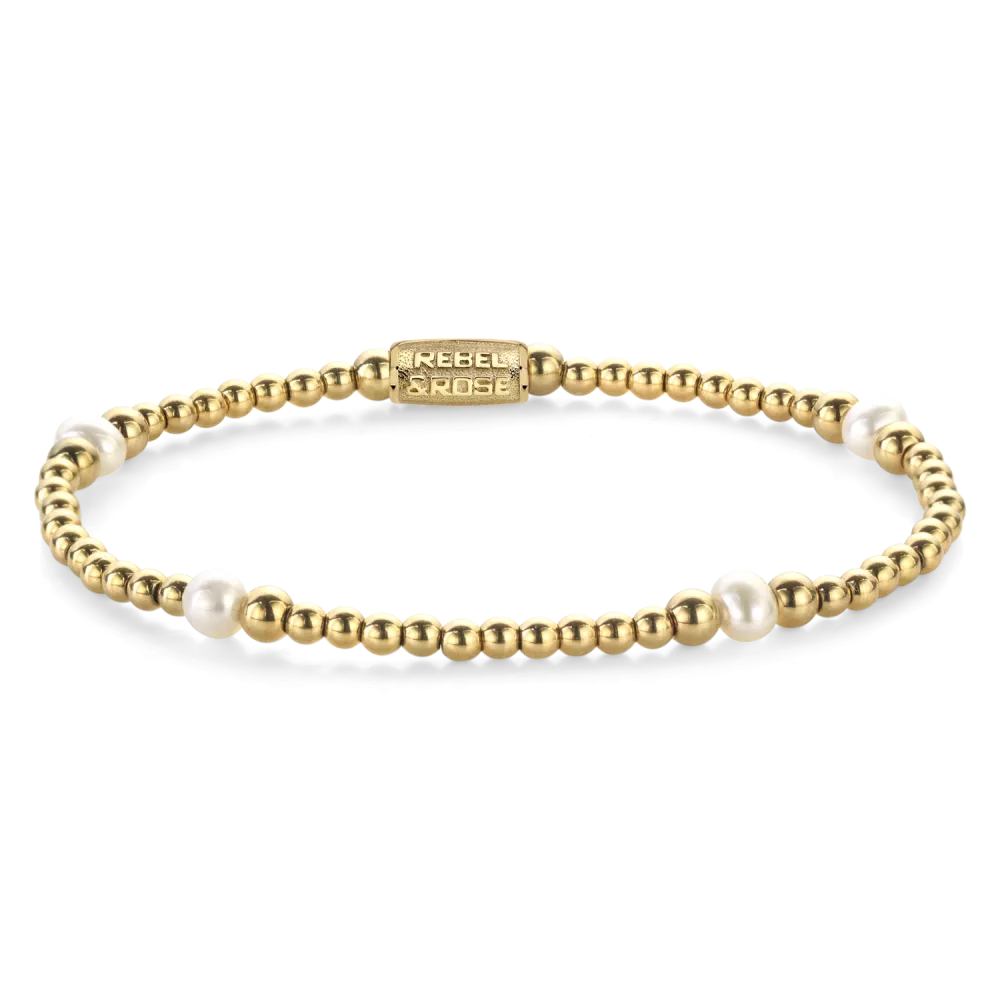 Edelstenen bead armband, handgemaakt van echte 4mm zoetwater parels van hoge kwaliteit, afgewisseld met 3mm en 4mm verguld edelstalen beads. De sluiting is gemaakt van verguld edelstaal. Het Rebel & Rose sieraad is makkelijk te combineren met onze andere kralenarmbanden.

Modelnaam	Touch of Pearl Gem - 4mm
Modelnr.	RR-40136-G-M
Collectie	Bracelets Beads
Type sieraad	Armband
Kleur	Wit, Goudkleurig
Sluiting	Stainless Steel
Materiaal	Edelstenen
Steensoort	Parels, 
Steenkleur	Witte parels, goudkleurige stalen beads
Afwerking	Polish
Breedte (mm)	4mm
Garantie	6 maanden
