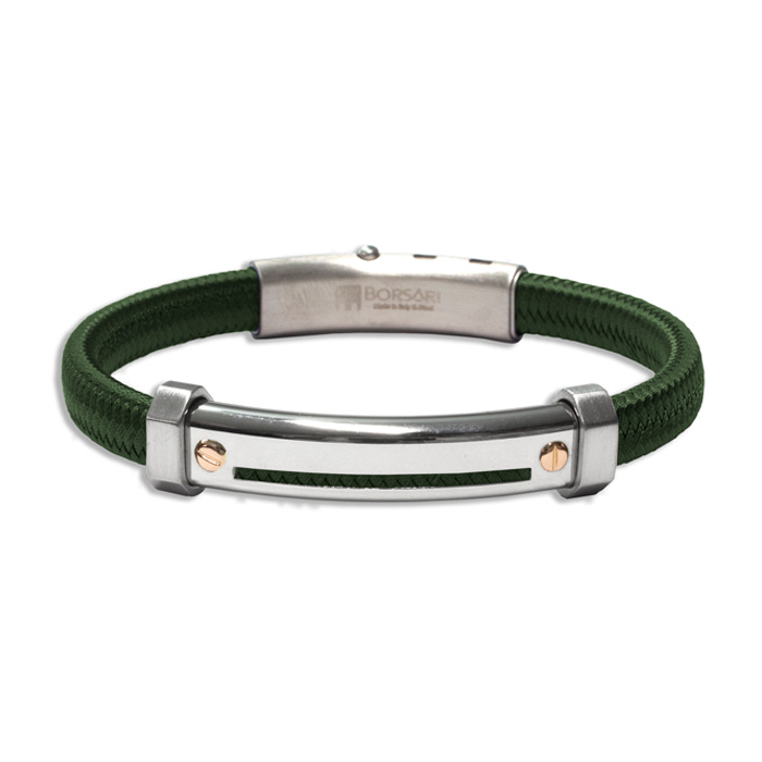 Armband met rvs staal en polyester in het groen met roségouden details