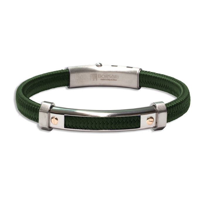 Armband met rvs staal en polyester in het groen met roségouden details